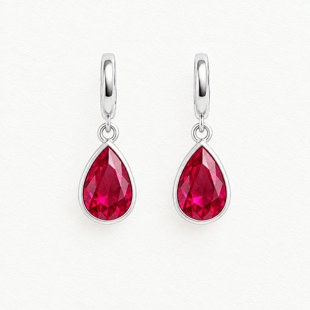 Sterling Silver Lab Grown Ruby Pear Bezel Pendant and Earring Set - Drop Earrings