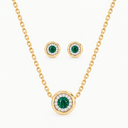 14K Yellow Gold Lab Grown Emerald Diamond Halo Pendant and Stud Set