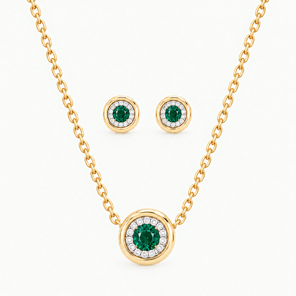 10K Yellow Gold Lab Grown Emerald Diamond Halo Pendant and Stud Set