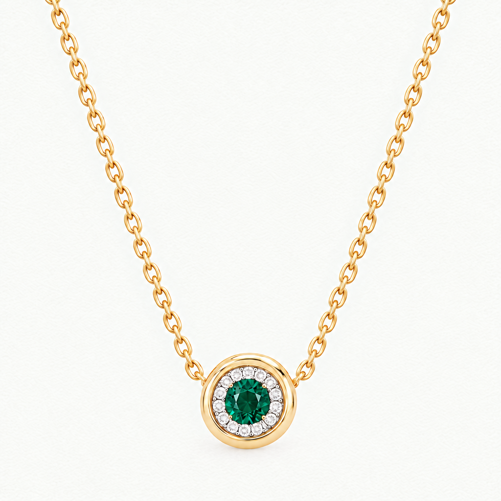 10K Yellow Gold Lab Grown Emerald Diamond Halo Pendant and Stud Set - Pendant Necklace