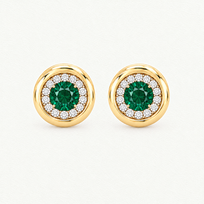 10K Yellow Gold Lab Grown Emerald Diamond Halo Pendant and Stud Set - Stud Earrings