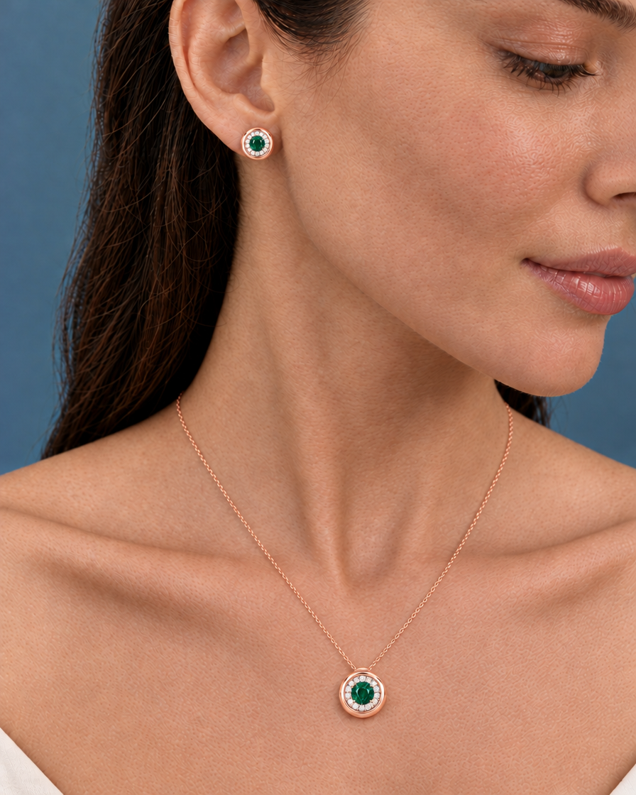 10K Rose Gold Lab Grown Emerald Diamond Halo Pendant and Stud Set - On Model