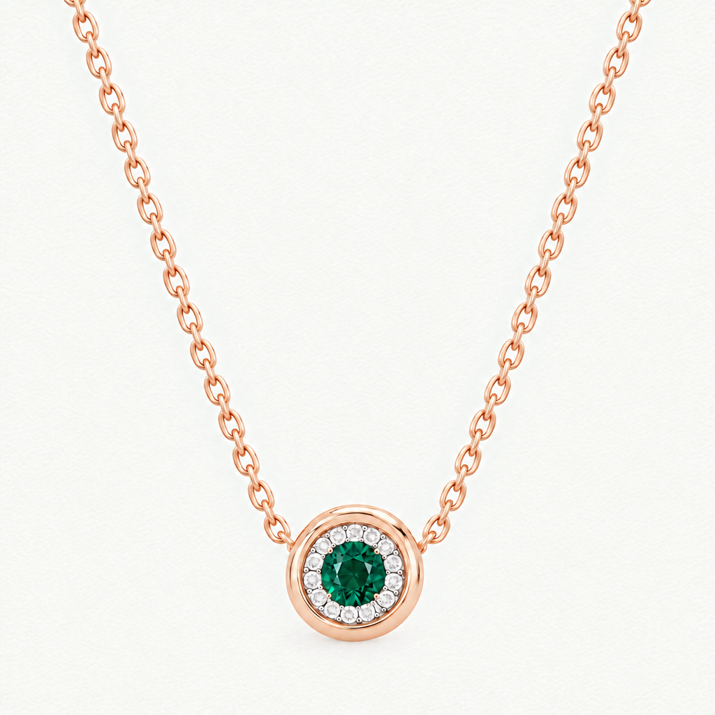 10K Rose Gold Lab Grown Emerald Diamond Halo Pendant and Stud Set - Pendant Necklace