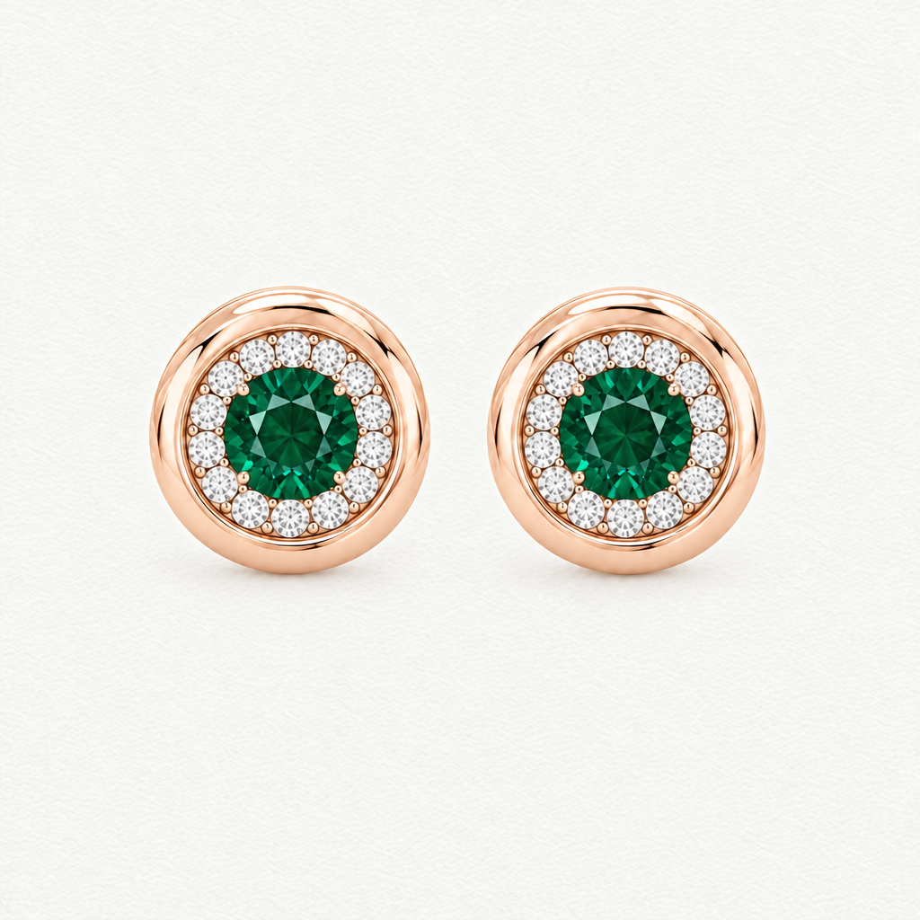 14K Rose Gold Lab Grown Emerald Diamond Halo Pendant and Stud Set - Stud Earrings