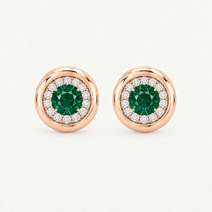 10K Rose Gold Lab Grown Emerald Diamond Halo Pendant and Stud Set - Stud Earrings