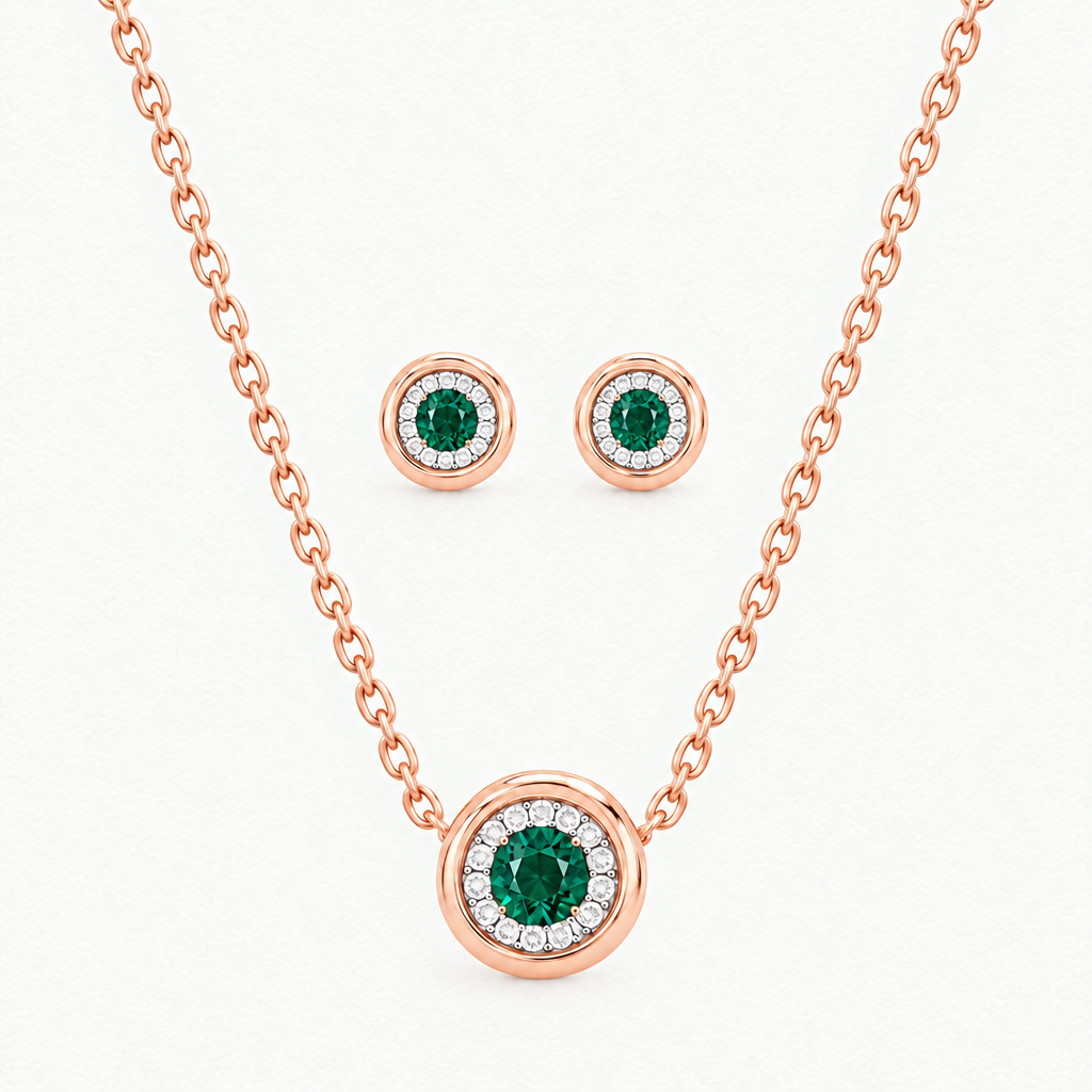 10K Rose Gold Lab Grown Emerald Diamond Halo Pendant and Stud Set