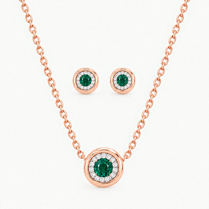 10K Rose Gold Lab Grown Emerald Diamond Halo Pendant and Stud Set