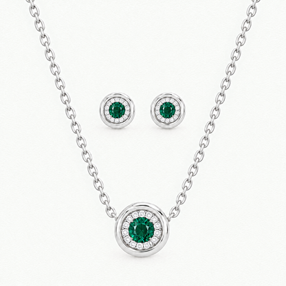 14K White Gold Lab Grown Emerald Diamond Halo Pendant and Stud Set