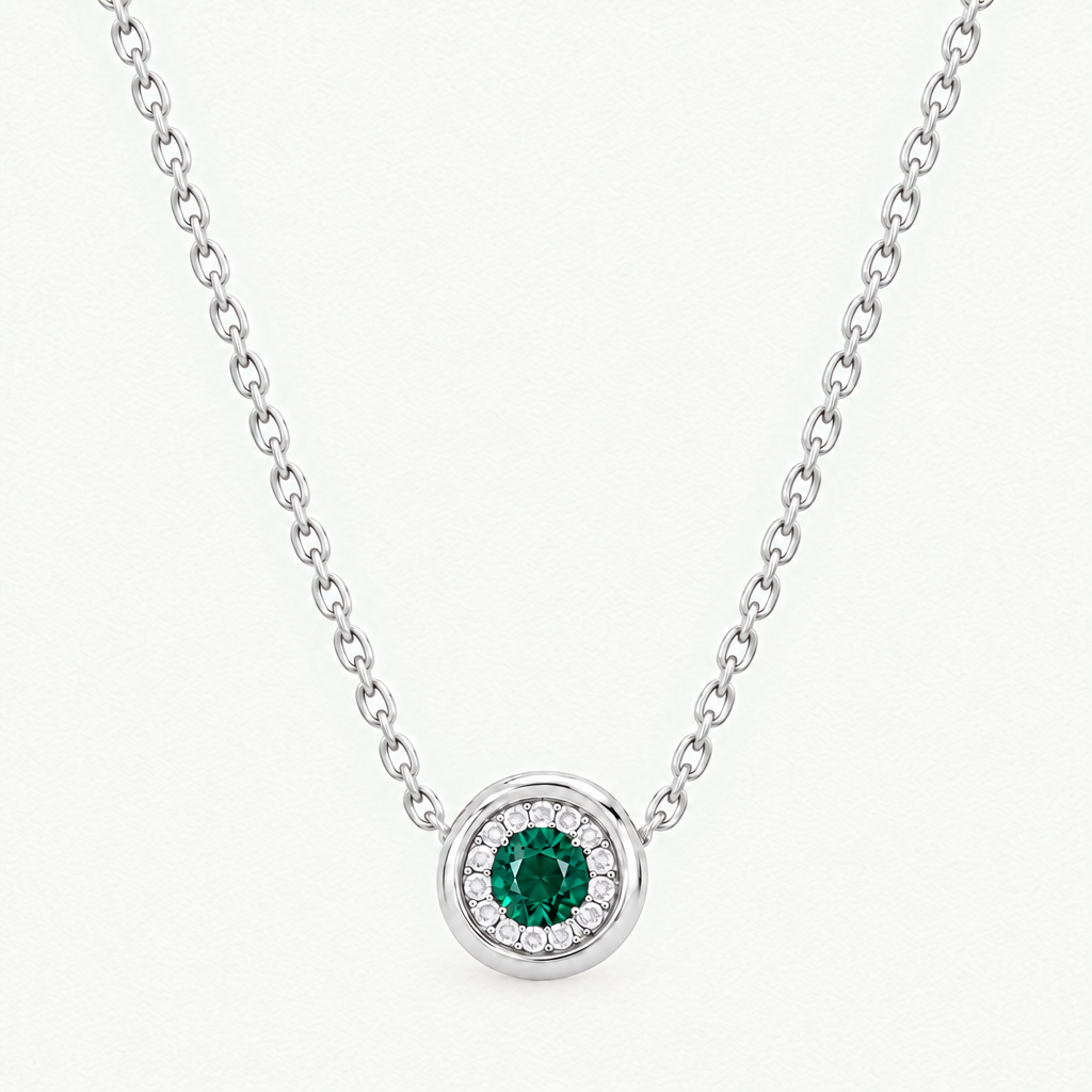 10K White Gold Lab Grown Emerald Diamond Halo Pendant and Stud Set - Pendant Necklace