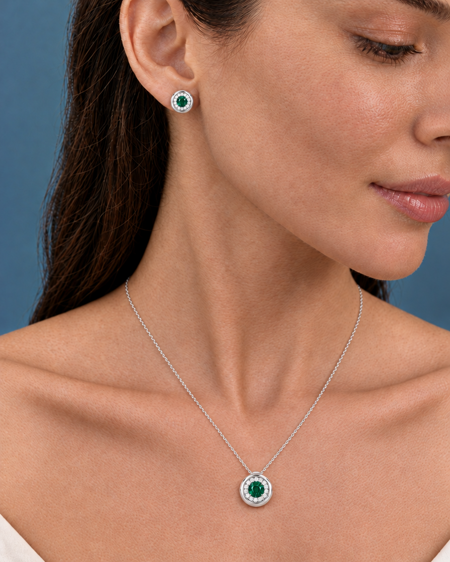 Sterling Silver Lab Grown Emerald Diamond Halo Pendant and Stud Set - On Model