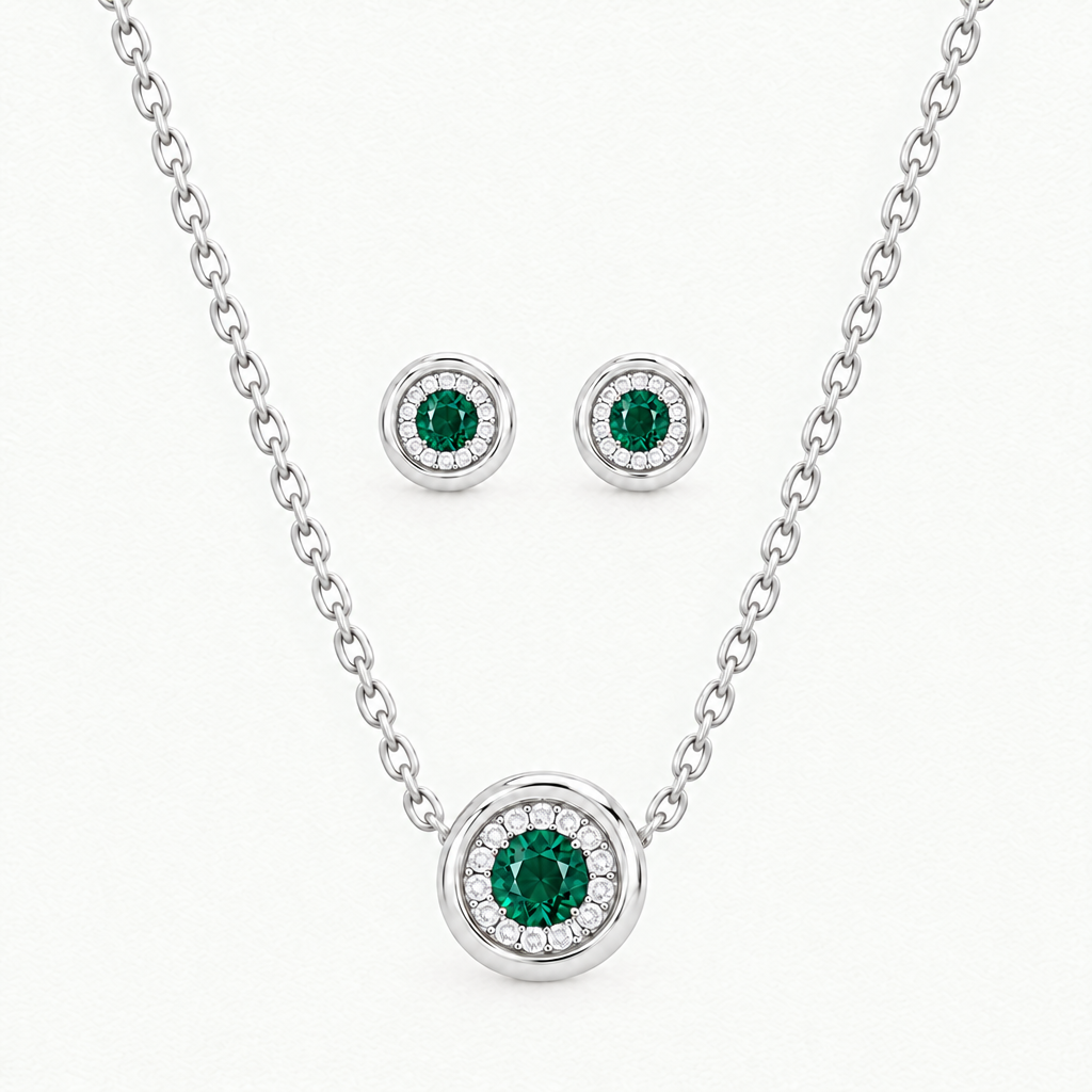 10K White Gold Lab Grown Emerald Diamond Halo Pendant and Stud Set