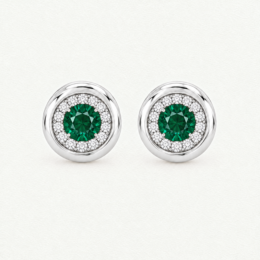 14K White Gold Lab Grown Emerald Diamond Halo Pendant and Stud Set - Stud Earrings