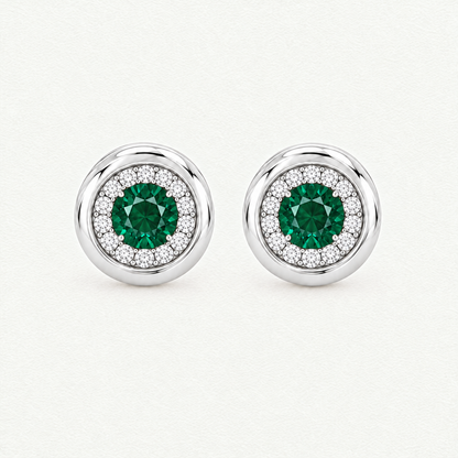 14K White Gold Lab Grown Emerald Diamond Halo Pendant and Stud Set - Stud Earrings