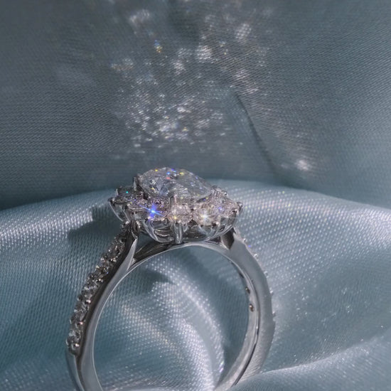 Oval Cut Diamond Floral Halo Ring with Pave Band - Video
