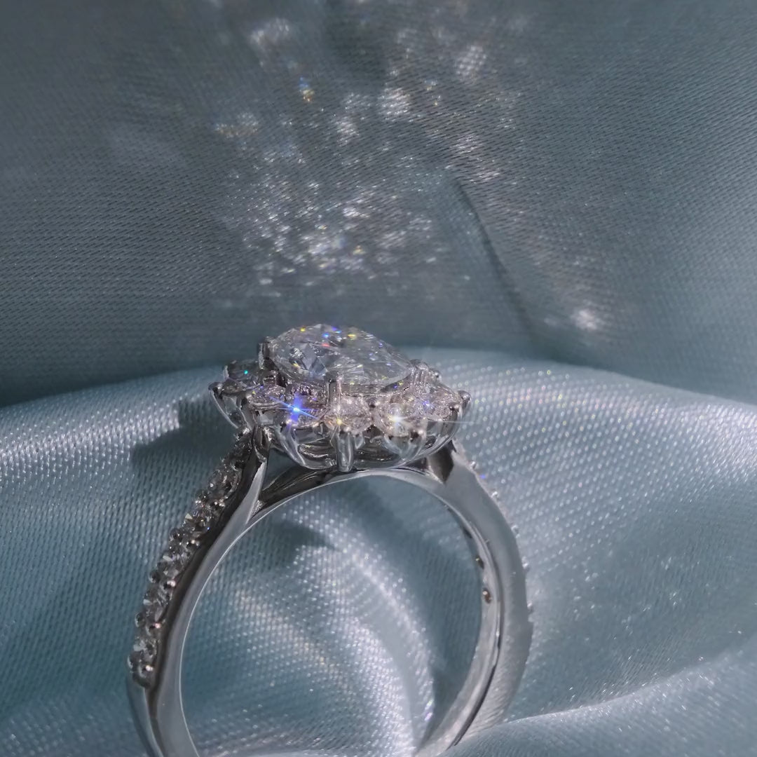 Oval Cut Diamond Floral Halo Ring with Pave Band - Video
