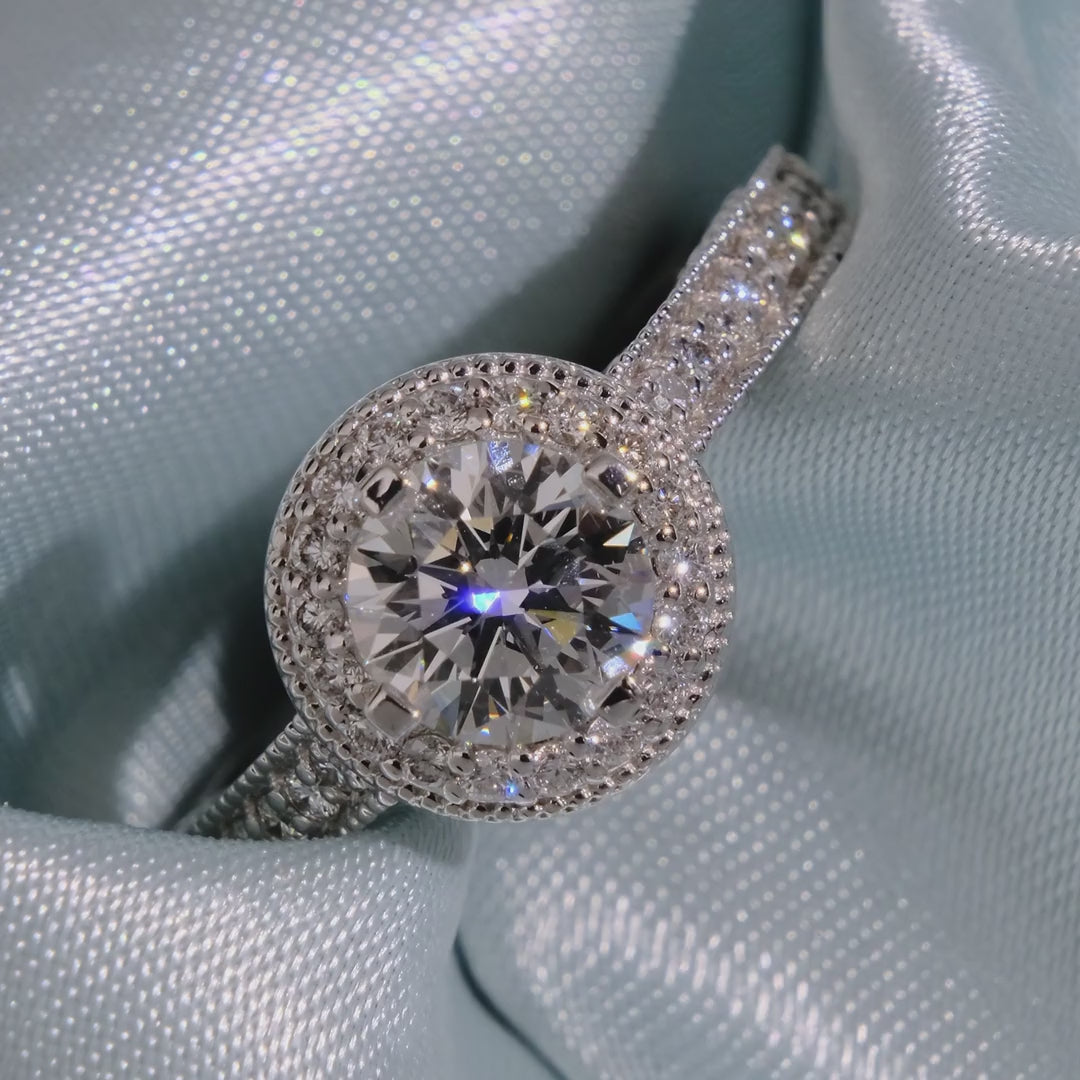 Round Cut Diamond Vintage Halo Ring with Milgrain Band - Video