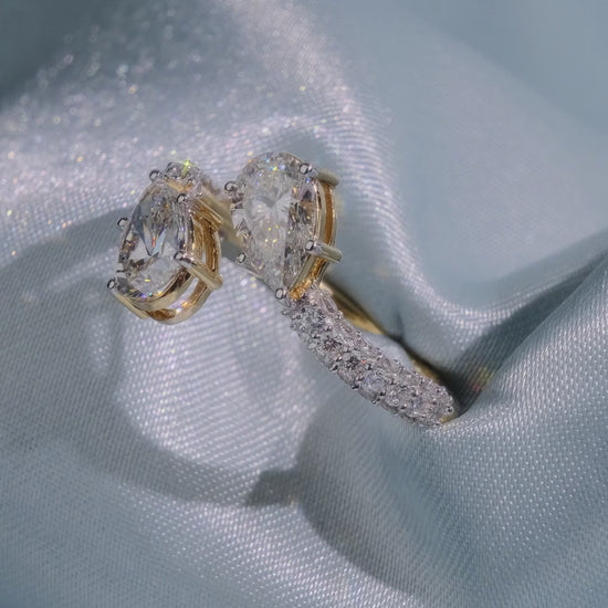 Pear Cut Diamond Two Stone Ring with Pave Band - Video