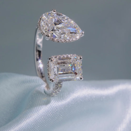 Emerald Cut Diamond Toi et Moi Ring with Pave Band - Video