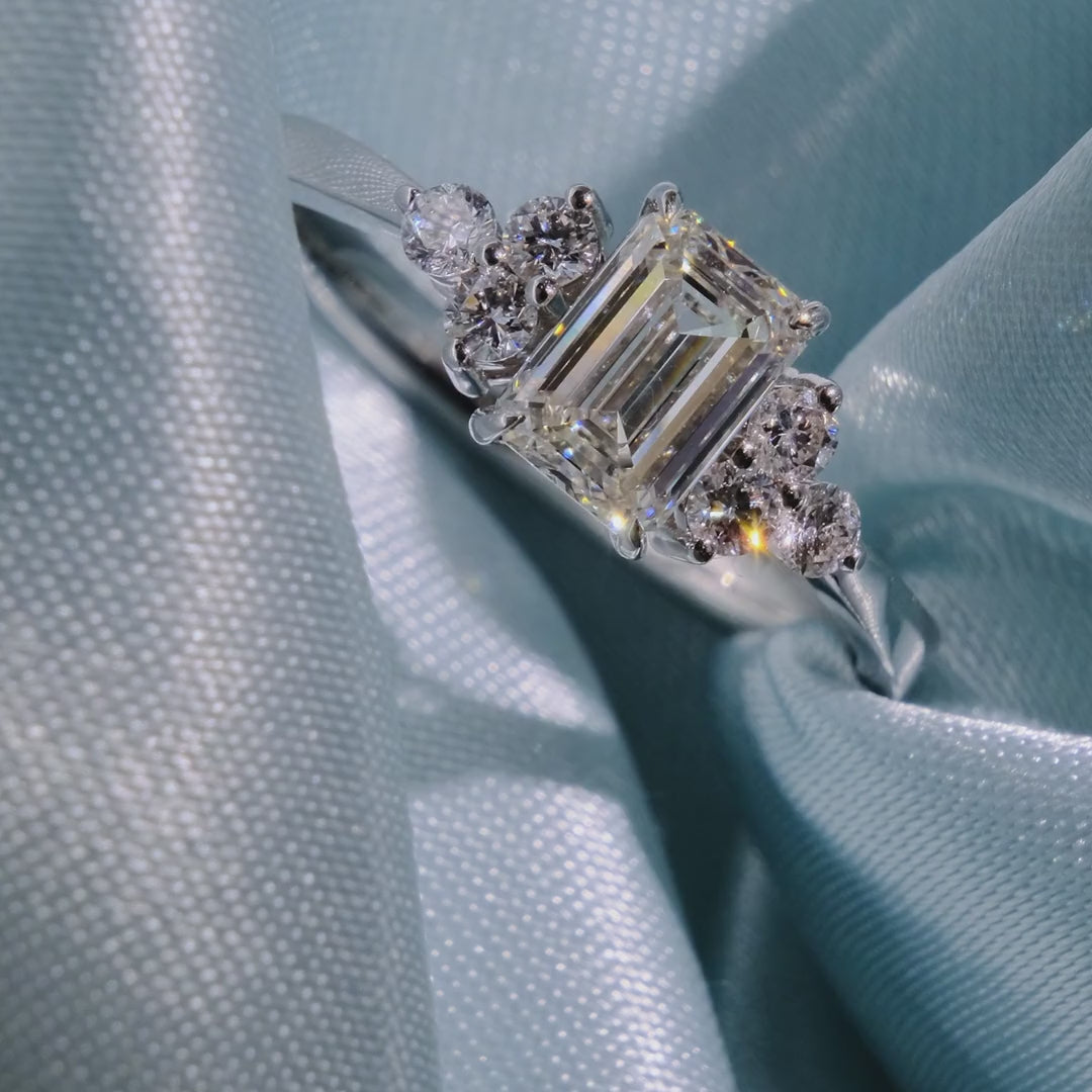 Emerald Cut Diamond Cluster Ring with Round Accents - Video
