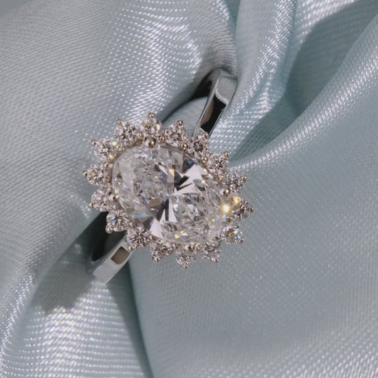 Oval Cut Diamond Floral Halo Ring - Video