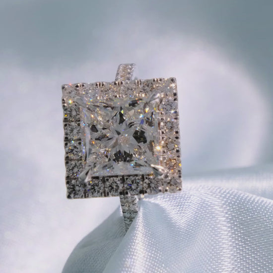 Princess Cut Diamond Halo Ring with Pave Cathedral Band - Video