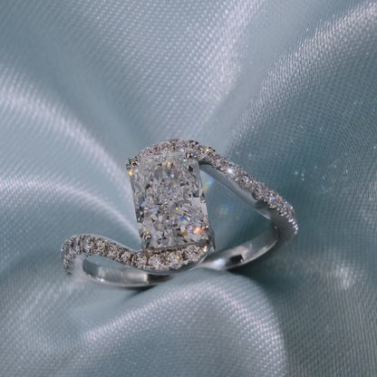 Radiant Cut Diamond Solitaire Ring with Pave Wave Band - Video