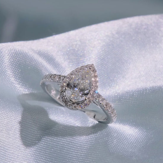 Pear Cut Diamond Halo Ring with Pave Band - Video