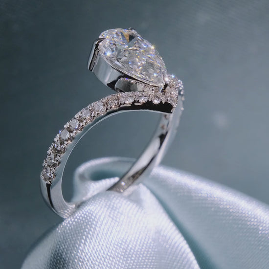 Pear Cut Diamond Solitaire Ring with Pave Chevron Band - Video