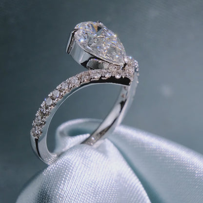 Pear Cut Diamond Solitaire Ring with Pave Chevron Band - Video